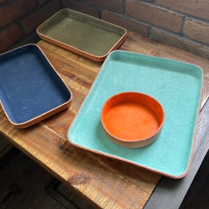 Round Leather Tray. Orange Suede Interior. Jewelry Dish, Organizing ...