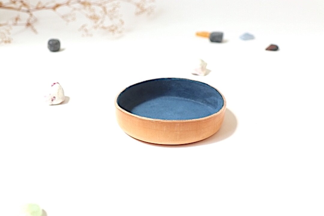 Round Leather Tray. Navy Suede Interior. Jewelry Dish, Organizing ...