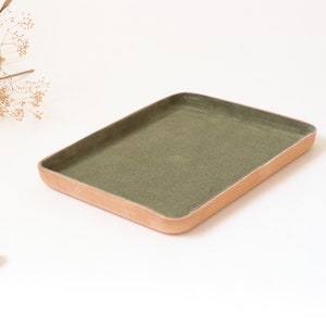 Molded Leather Valet Tray Large.  Olive suede interior. Organizing accessories to store lifestyle Essentials. Home Decor