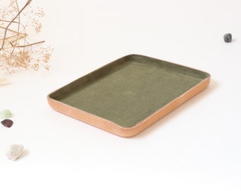 Molded Leather Valet Tray Large.  Olive suede interior. Organizing accessories to store lifestyle Essentials. Home Decor