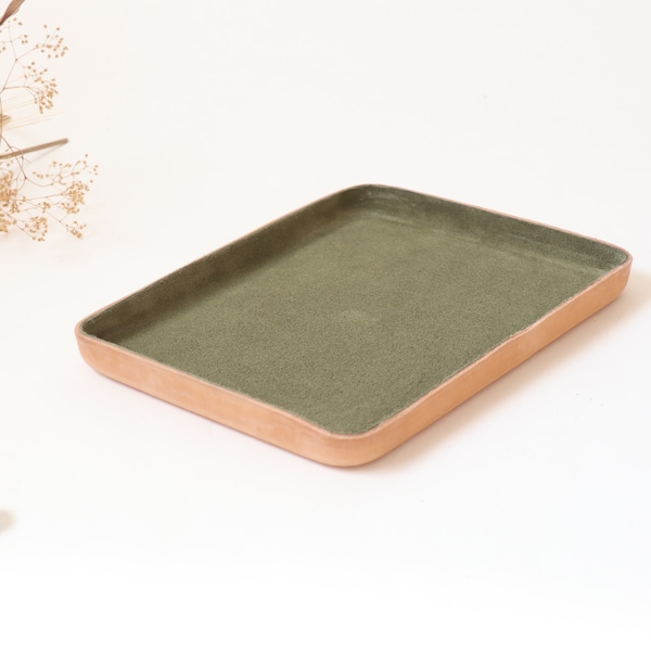 Molded Leather Valet Tray Large.  Olive suede interior. Organizing accessories to store lifestyle Essentials. Home Decor