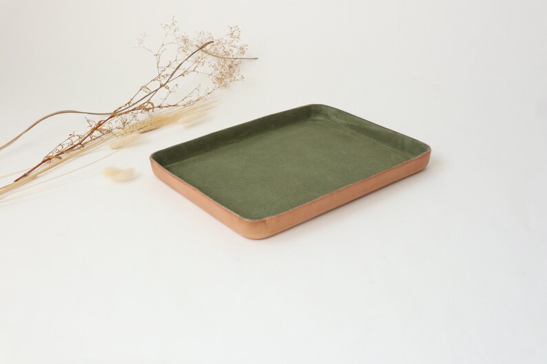 A4 Letter Size Molded Leather Valet Tray XL Large. Olive suede interior. Perfect for storing daily essentials in modern space. image 7