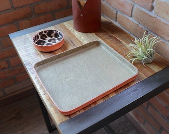 Olive Floral Embossed Leather Valet Tray "L"