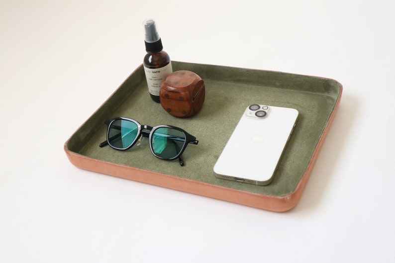 A4 Letter Size Molded Leather Valet Tray XL Large. Olive suede interior. Perfect for storing daily essentials in modern space. image 2