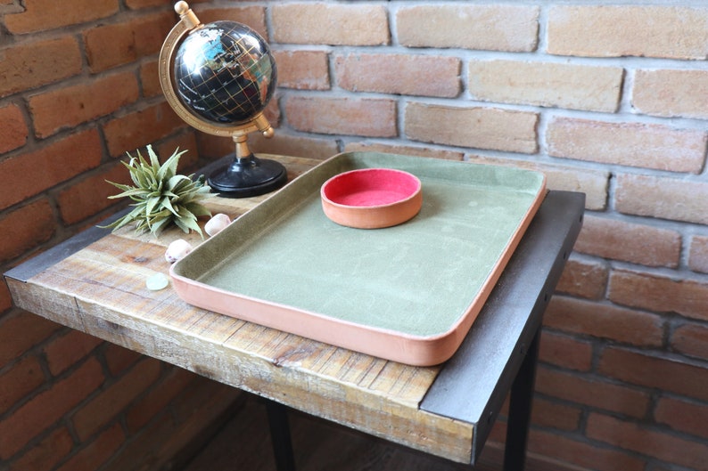 A4 Letter Size Molded Leather Valet Tray XL Large. Olive suede interior. Perfect for storing daily essentials in modern space. image 5