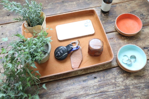 A4 Letter Size Molded Leather Valet Tray XL Large. Brown suede interior. Perfect for storing daily essentials in modern space.