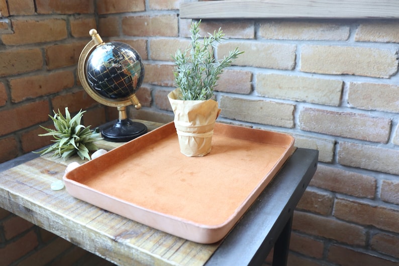K&ouml;nnte beinhalten: Ein braunes Ledertablett mit einem hellbraunen Wildlederinnenraum steht auf einem Holztisch. Eine kleine Topfpflanze mit gr&uuml;nen Bl&auml;ttern und ein Globus stehen auf dem Tisch.