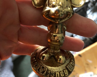 Vintage Walt Disney Productions gold color Mickey Mouse mini statue paperweight