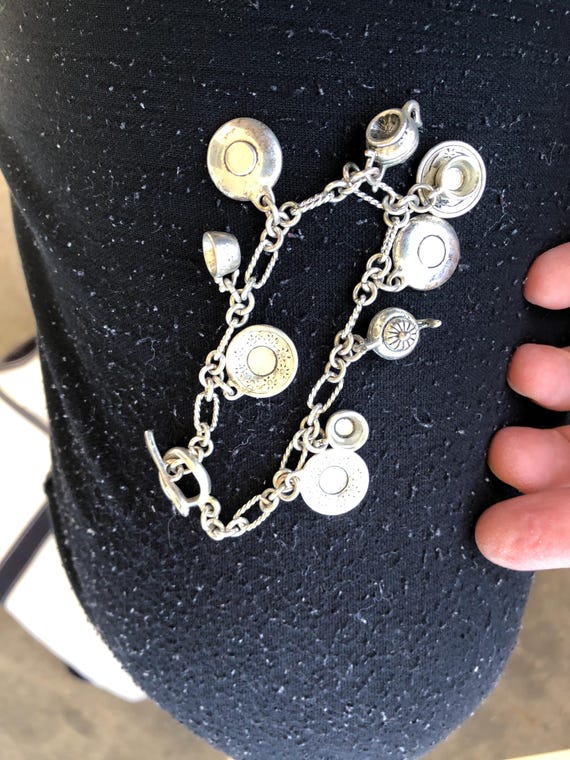 Vintage teapot saucer cup spoon charm bracelet silver tone