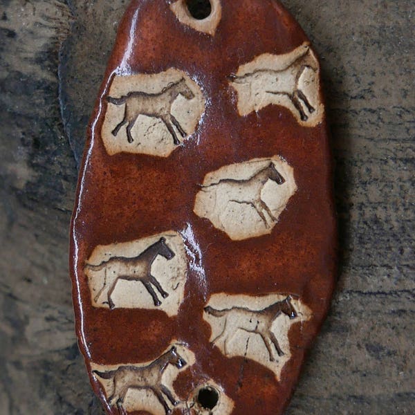 Stoneware Ceramic Large Horse Bead Pendant Connector Brown Handmade Pottery