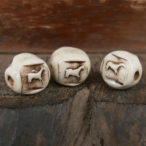 Ceramic Porcelain Horse Beads White Ecru Brown Handmade Pottery Beads