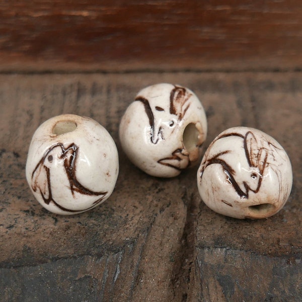 Ceramic Porcelain Rabbit Beads White Brown Handmade Pottery Beads
