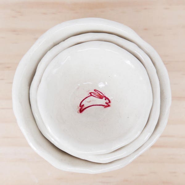 Ceramic Porcelain Small White Nesting Dish Set Condiment Dish Rabbits Red Yellow Blue Ceramic Gift Handmade Pottery
