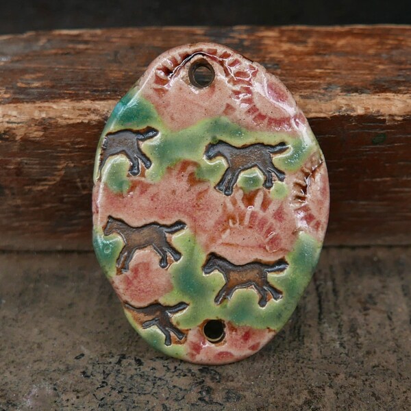 Ceramic Stoneware Large Pendant Connector Horse Flower Pink Green Handmade Pottery
