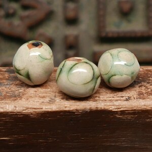 Porcelain Beads White Green Chrome Dots Handmade Pottery