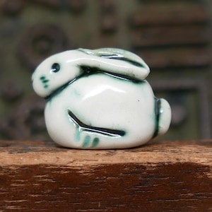 Porcelain Ceramic Rabbit Pendant White Chrome Green Handmade Focal Pottery Pendant