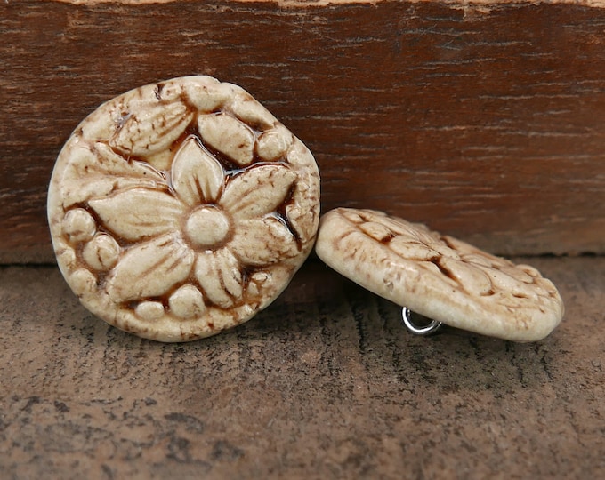 Stoneware Ceramic Flower Button Set Metal Shank Rustic off White Brown ...