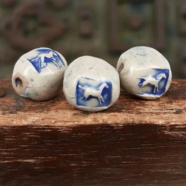 Ceramic Stoneware Horse Beads White Ecru Satin Blue Handmade Pottery Beads