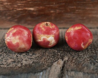 Stoneware Handmade Beads Raspberry Pink Tan Splotchy