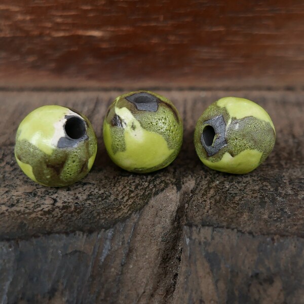 Stoneware Beads Bright Yellow Green Black Mix Handmade Pottery Beads