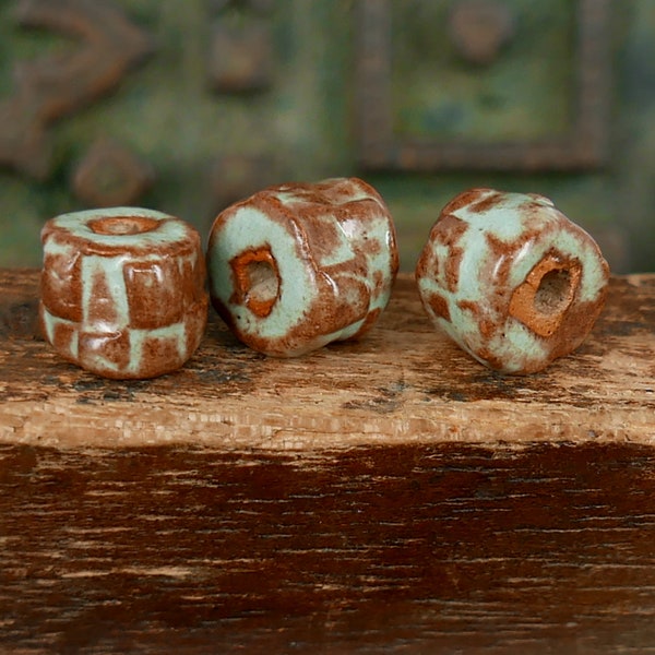 Stoneware Checkered Barrel Beads Mint Burnt Umber Handmade Pottery