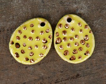 Porcelain Pendant Set Satin Yellow Gold Polka Dots Handmade Pottery