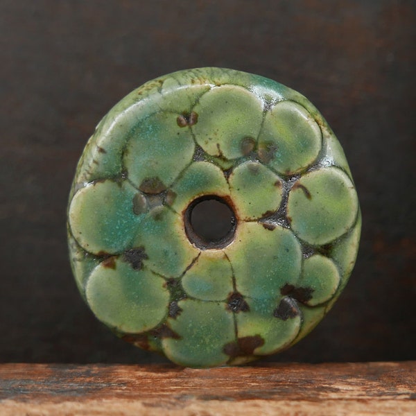 Ceramic Stoneware Disc Pendant Green Rustic Dots Handmade Pottery