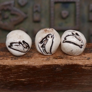 Ceramic Porcelain Rabbit Beads White Brown Handmade Pottery Beads