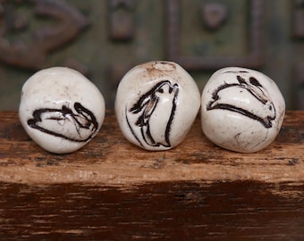 Ceramic Porcelain Rabbit Beads White Brown Handmade Pottery Beads