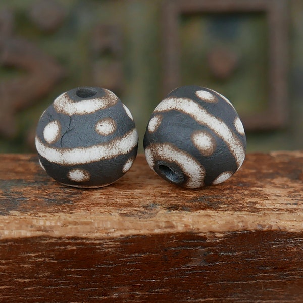 Stoneware Handmade Beads Matte Black Brown White Line Dot Pottery Beads