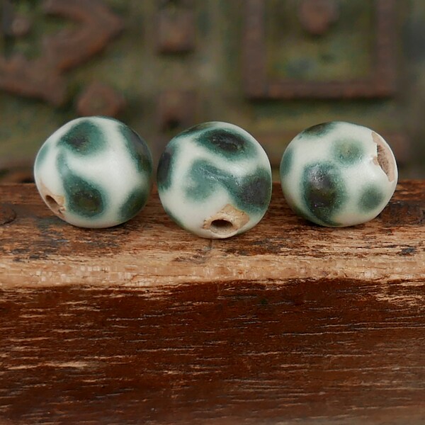 Ceramic Beads Handmade Polka Dots White Satin Chrome Green Stoneware Pottery Beads