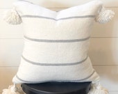 20x20 White and Gray Thin Stripe Mudcloth Tassel Pillow Cover quot Haven quot pom pillow cover pom pom pillow tassel pillow moroccan