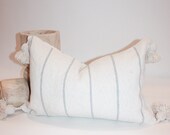 Woven White and Gray Stripe Tassel Pillow Kidney Cover Pom Pillow Cover Pom Pom pillow tassel pillow mudcloth pillow