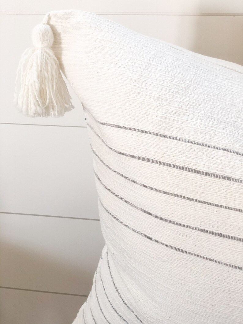 20x20 White and Gray Thin Stripe Tassel Pillow Cover Etsy