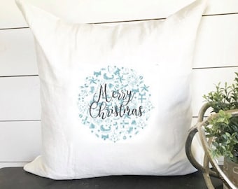 Merry Christmas Blue Pillow Pattern Cover 18 x 18 // Christmas / Christmas Pillow / Holiday / Throw Pillow / Accent Pillow / Gift