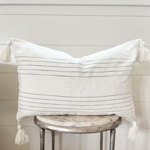 16x 26 White and Gray Thin Stripe Tassel Pillow Cover &quot;Cameron” // White throw pillow//  gray throw pillow cover// modern farmhouse pillow