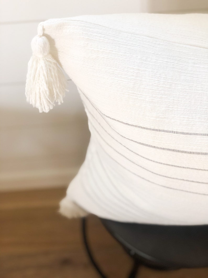 20x20 White and Gray Thin Stripe Tassel Pillow Cover Etsy