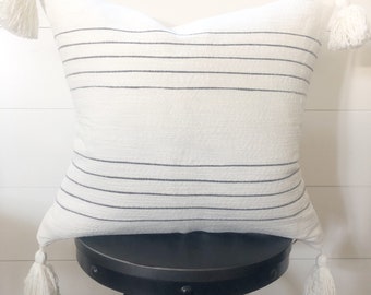 20x20 White and Black Thin Stripe Mudcloth Tassel Pillow Cover "Cade”// pom pillow cover // pom pom pillow // tassel pillow // moroccan