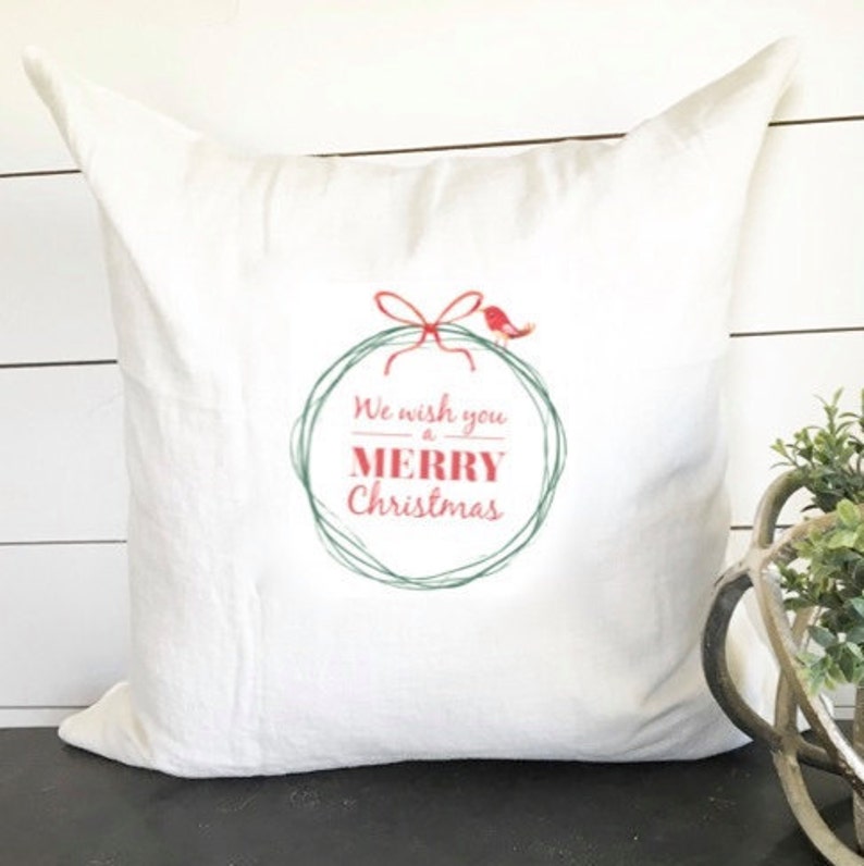 Merry Christmas Little Red Bird Pillow Cover 18 x 18 // Christmas / Christmas Pillow / Accent Pillow / Throw Pillow / Gift / Holiday image 1