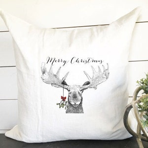 Merry Christmas Pillow Mistletoe Christmas Moose Holiday Pillow Rustic Christmas Gifts for Christmas Pillows Holiday Pillow Cover Cabin