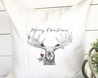 Merry Christmas Pillow Mistletoe Christmas Moose Holiday Pillow Rustic Christmas Gifts for Christmas Pillows Holiday Pillow Cover Cabin