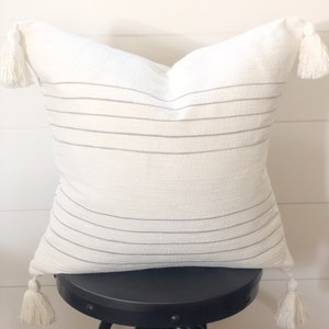 20x20 White and Gray Thin Stripe Tassel Pillow Cover &quot;Cameron” // White throw pillow//  gray throw pillow cover// modern farmhouse pillow