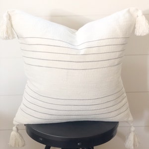 20x20 White and Gray Thin Stripe Tassel Pillow Cover "Cameron” // White throw pillow//  gray throw pillow cover// modern farmhouse pillow