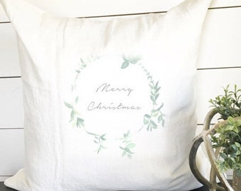 Merry Christmas Wreath Pillow, Christmas Pillow, 18 x 18 Pillow, Linen Pillow, Winter Decor, Christmas Gift, Gift, Pillow Decor, Throw