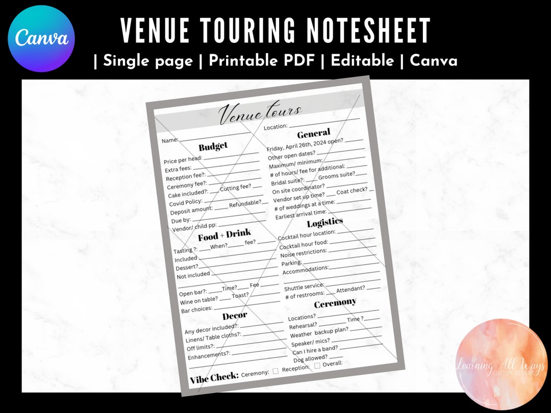 Venue Tour Notesheet DIGITAL DOWNLOAD Printable Editable Canva