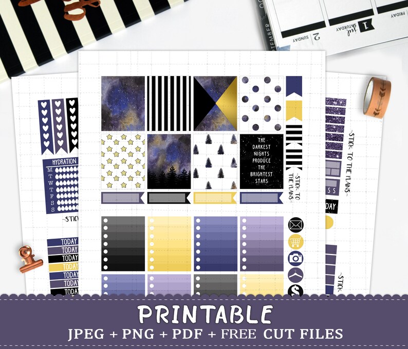 Starry evening printable planner stickers for Erin Condren Lifetime Planner TM armed service blue silhouette minimize data files sky superstars watercolor galaxy package photograph regarding Starry Night Printable called Starry night time printable planner stickers for Erin Condren Lifestyle Planner TM military services blue silhouette reduce information sky famous people watercolor galaxy package
