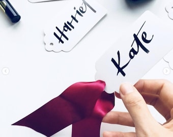 Name Tags | White Card with Ribbon | Hand Calligraphy Brush Lettering (Black ink)