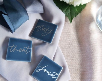 Place Card Tiles | Navy Gloss with Calligraphy Names