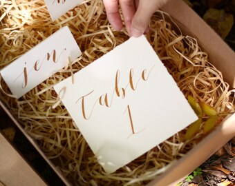 MENUS + PLACE CARDS in Gold Calligraphy Hand Lettering (White/Metallic Gold) - Escort Cards, Luxe Wedding Stationery, Custom Hand Written