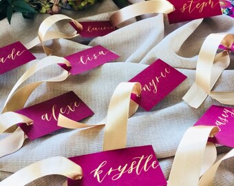 Name Tags | Burgundy Card with Gold Ribbon | Gold Calligraphy Ink Names